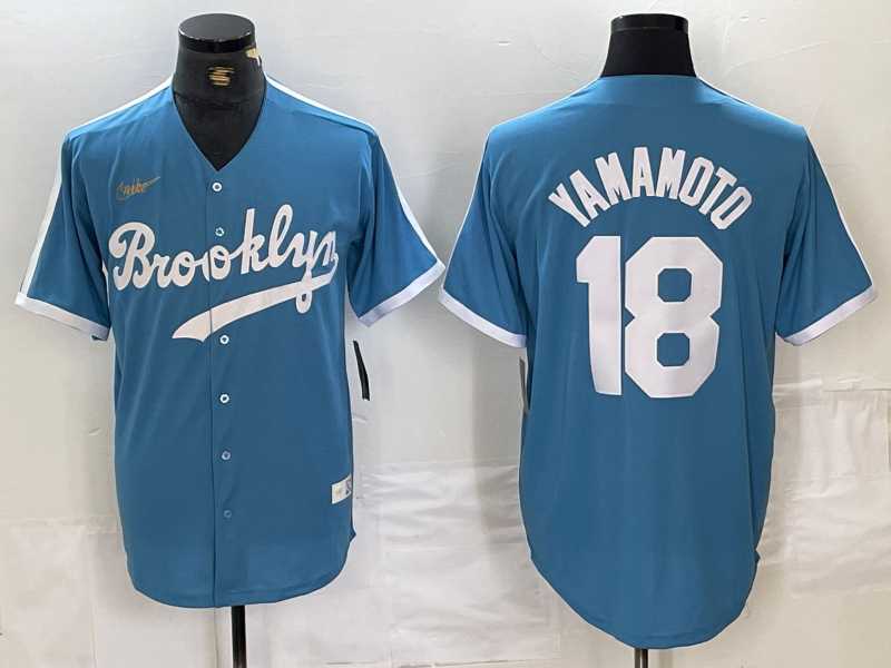 Men%27s Brooklyn Dodgers #18 Yoshinobu Yamamoto Light Blue Cooperstown Collection Cool Base Jersey->los angeles dodgers->MLB Jersey